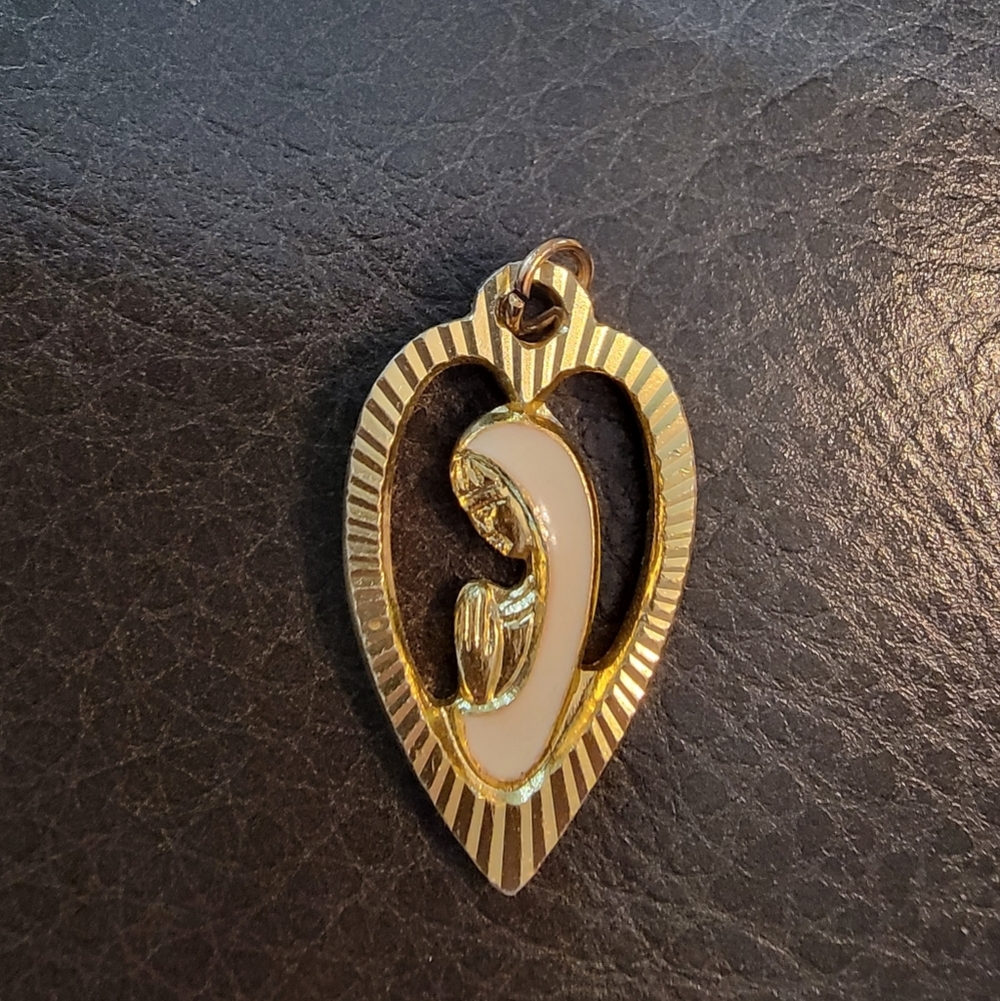 Blessed Mother Mary & Holy Child Gold Tone & Enamel Pendant